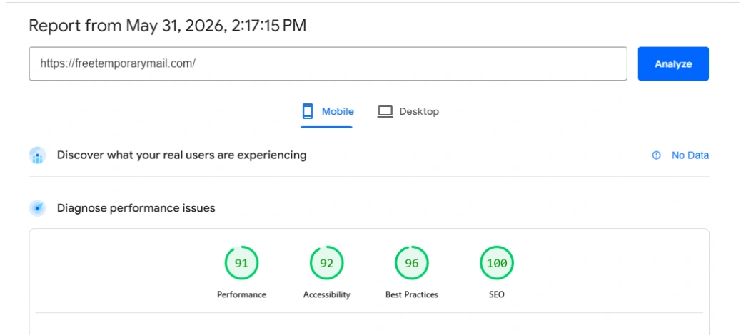 Free Temporary Mail web speed test report on mobile